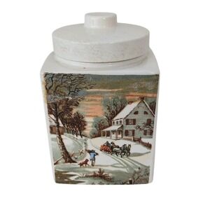 Vintage Ceramic Winter Snow Scene Tea Sugar Coffee Caddy Canister Cork Lined Lid